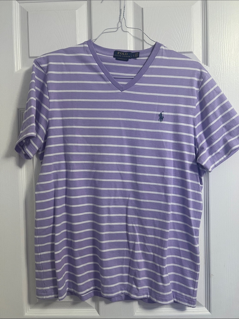 Polo by Ralph Lauren Lavender and White Striped V-Neck Tee
